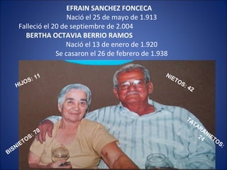 EFRAIN SANCHEZ FONCECA
Nació el 25 de mayo de 1.913
Falleció el 20 de septiembre de 2.004
BERTHA OCTAVIA BERRIO RAMOS
Nació el 13 de enero de 1.920
Se casaron el 26 de febrero de 1.938
BISNIETOS: 70
TATARANIETOS:
24
NIETOS: 42HIJOS: 11
 