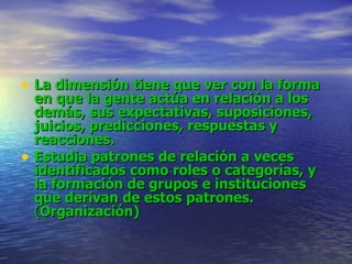 La dimensión tiene que ver con la forma en que la gente actúa en relación a los demás, sus expectativas, suposiciones, juicios, predicciones, respuestas y reacciones.   Estudia patrones de relación a veces identificados como roles o categorías, y la formación de grupos e instituciones que derivan de estos patrones.  ( Organización) 