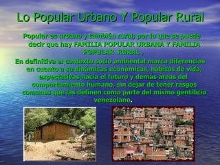 Lo Popular Urbano Y Popular Rural Popular es urbano y también rural; por lo que se puede decir que hay FAMILIA POPULAR URBANA Y FAMILIA POPULAR  RURAL ,  En definitiva el contexto socio ambiental marca diferencias en cuanto a su dinámicas económicas, hábitos de vida, expectativas hacia el futuro y demás áreas del  comportamiento humano, sin dejar de tener rasgos comunes que las definen como parte del mismo gentilicio venezolano .  
