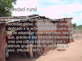 Sociedad rural Es un grupo significativo dentro de la sociedad global, radicado en el campo dedicado a la actividad agropecuaria que ha de establecer unas relaciones  típicas que, gracias a esa forma de relacionarse, crea una cultura típicamente rural y disfrute grupalmente de esa forma de vivir. (Micheo 1997)  