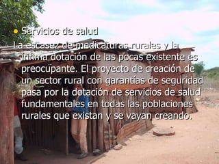Servicios de salud La escasez de medicaturas rurales y la ínfima dotación de las pocas existente es preocupante. El proyecto de creación de un sector rural con garantías de seguridad pasa por la dotación de servicios de salud fundamentales en todas las poblaciones rurales que existan y se vayan creando.  