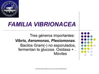 FAMILIA VIBRIONACEA
           Tres géneros importantes:
  Vibrio, Aeromonas, Plesiomonas.
     Bacilos Gram(-) no esporulados,
    fermentan la glucosa. Oxidasa + .
                        Móviles


             FUNDACION BARCELO FACULTAD DE MEDICINA
 
