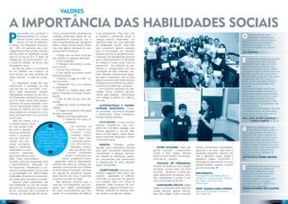 Valores

     A Importância das Habilidades Sociais
     P
             reocupados em promover o       mas e, principalmente, de adoção de       e da adolescência. Para lidar com
             desenvolvimento de compe-
             tências sociais entre nossos
                                            medidas preventivas diante de um
                                            comportamento antissocial, que é
                                                                                      os desafios e demandas atuais, a
                                                                                      criança precisa desenvolver um
                                                                                                                                                                                                                    O     nosso encontro foi muito
                                                                                                                                                                                                                          importante na vida de todos
                                                                                                                                                                                                                    que participaram, pois aprendemos
             alunos, no mês de setembro,    todo comportamento que, de alguma         repertório cada vez mais elaborado                                                                                            a diferenciar o que é bullying de
     o Serviço de Orientação Educacio-      forma, rompe normas sociais. Pode-        de habilidades sociais. Essa área                                                                                             atividades antissociais e a nos
     nal – SOE, em parceria com a psi-      mos citar alguns exemplos de com-         vem recebendo grande atenção,                                                                                                 defendermos também. Eu adorei a
                                                                                                                                                                                                                    experiência.
     cóloga Raquel Ramos Ávila, ofereceu    portamentos antissociais:                 pois é considerada um indicador
                                                                                                                                                                                                                    Ana Beatriz, 6º ano A
     oficinas sobre as habilidades sociais                                            bastante preciso do ajustamento psi-
                                                • Brigar com os outros (com gol-
     para as turmas de 6º e 7º anos, da                                               cossocial e de perspectivas positivas
                                                                                                                                                                                                                    E
                                            pes, insultos ou palavras ofensivas)                                                                                                                                        u achei muito interessante aprender
     unidade Sul, em turno contrário, com                                             para o desenvolvimento. A felicidade
                                                • Dizer palavrões                                                                                                                                                       um pouco mais sobre bullying e
     o intuito de debater de forma mais                                               da criança é, muitas vezes, vista na
                                                • Perseguir, atormentar e amea-                                                                                                                                     habilidades sociais, agora sei avaliar
     abrangente o tema.                                                               perspectiva da ausência de pro-                                                                                               uma coisa da outra. Gostaria que a
                                            çar os outros
         As oficinas foram a culminância                                              blemas ou, simplesmente, sob uma                                                                                              escola sempre fizesse projetos assim,
                                                • Iniciar lutas corporais
     de um trabalho que começou no                                                    concepção de bens materiais, con-                                                                                             pois agora os alunos não vão achar que
                                                • Usar objetos que podem causar                                                                                                                                     qualquer coisinha é um problemão e
     início do ano, por meio de trocas de                                             forto, diversão. Embora esses aspec-
                                            ferimentos graves                                                                                                                                                       vão saber falar se algo de errado estiver
     ideias, banners e rodas de conver-                                               tos sejam importantes, não se pode
                                                • Quebrar ou jogar no chão coi-                                                                                                                                     acontecendo. Aprendi muito com o
     sas.                                                                             ignorar que o seu bem-estar pode ser                                                                                          projeto. Achei muito legal. Obrigada
                                            sas dos outros
         As habilidades sociais têm sido                                              ampliado com a melhoria dos relacio-                                                                                          por terem nos proporcionado esse
                                                • Responder mal a um superior
     relacionadas à qualidade de vida                                                 namentos em diferentes contextos.                                                                                             momento.
                                            ou autoridade
     uma vez que, por meio delas, o indi-                                                 Um repertório elaborado de habi-                                                                                          Eu achei muito legal e aprendi que
                                                • Mentir ou enganar para obter                                                                                                                                      determinadas atitudes só podem ser
     víduo pode desenvolver relações                                                  lidades sociais contribui decisiva-
                                            ganhos materiais ou escapar de obri-                                                                                                                                    consideradas bullying se se repetirem
     interpessoais salutares no seu dia a                                             mente para relações harmoniosas
                                            gações                                                                                                                                                                  várias vezes. Se for uma vez ou outra
     dia. Pesquisas comprovam que, para                                               com colegas e adultos na infância.                                                                                            é uma atitude antissocial. Aprendi
                                                • Sair da sala de aula sem per-
     que um adulto possa lidar adequa-                                                São elas:                                                                                                                     também que se isso acontecer, deve
                                            missão
     damente com essas situações, é pre-                                                                                                                                                                            ser “denunciado” imediatamente. Não
                                                • Negar-se a fazer as tarefas soli-       Autocontrole e expres-                                                                                                    pratique bullying !
     ciso um aprendizado anterior, o qual
                                            citadas                                   sividade emocional: Contro-                                                                                                   O bullying não é brincadeira e não deve
     começa na infância, por isso nossa
                                                • Chegar de propósito mais tarde      lar ansiedade, reconhecer emoções                                                                                             ser realizado jamais. Se você pratica,
     preocupação em começarmos o tra-
                                            do que o permitido                        e sentimentos, tolerar frustrações,                                                                                           pense e pare. Se você sofre com ele
     balho principalmente com as turmas                                                                                                                                                                             não tenha medo, denuncie!
                                                • Matar aulas frequentemente          mostrar espírito esportivo.
     dos 6º anos.                                                                                                                                                                                                   Ana Luisa Sayão Campelo, 6º
                                                        • Trapacear em prova ou
         Além da família, que é                                                                                                                                                                                     ano A e Camila Garcia, 6º ano B
                                                         competição                       Ci vil idade: cumprimentar
     o primeiro grupo social
                                                                                      pessoas, despedir-se, usar locu-
                                                                                                                                                                                                                    A
     de uma criança, onde                                       No Leonardo da                                                                                                                                           oficina de bullying serviu para
                                         Para                                         ções como: por favor, obrigado, com
     se inicia o aprendi-                                     Vinci, sempre pro-                                                                                                                                         termos mais consciência sobre o
                                 lidar com os                                         licença, aguardar a vez de falar,
     zado da convivência                                        curamos tomar                                                                                                                                       que é praticado para não fazermos
                               desafios atuais,                                       fazer e aceitar elogios, seguir regras,                                                                                       novamente. Na oficina, aprendemos
     social, é na escola                                        medidas especí-
                             a criança precisa                                        fazer e responder perguntas, chamar                                                                                           sobre o que se trata e sobre o que é.
     que ela entra em                                           ficas para criar
                                 desenvolver                                          o outro pelo nome.                                                                                                            Eu aprendi muito e nos divertimos e
     contato com indi-                                          interações positi-                                                                                                                                  agora eu tenho mais consciência sobre
     víduos da mesma           um repertório                    vas entre alunos.         Empatia: Observar, prestar                                                                                                o assunto tratado. Também acho que a
     idade e aprofunda          de habilidades                  Pesquisas compro-     atenção, ouvir e demostrar interesse         Fazer amizades: Fazer per-           mentos socialmente competentes,             maioria dos alunos que compareceram
     habilidades e conhe-             sociais.                vam que alunos com      pelo outro, reconhecer sentimento,        guntas pessoais, cumprimentar,          aguardar a vez para falar, fazer e          à oficina também estão com mais
     cimentos     essenciais                                 maiores habilidades                                                aceitar e fazer elogios, oferecer       responder perguntas, oferecer, soli-        consciência sobre o bullying e as
                                                                                      compreender a situação, demons-                                                                                               atitudes antissociais.
     para uma vida em socie-                              sociais e emocionais são    trar respeito às diferenças, expres-      ajuda, iniciar e manter conversação,    citar e agradecer ajuda, elogiar e          Artur Silva Nobre Mendes,
     dade. Esses relacionamen-                        menos propensos a serem         sar compreensão pelo sentimentos          enturmar-se, cooperar.                  agradecer elogios, reconhecer a             6ª A
     tos entre pares são importantes para      agressores, alvos ou espectadores      ou experiencias do outro, oferecer                                                qualidade do desempenho do outro,
                                            passivos em casos de bullying, por                                                      Solução de problemas:
     o desenvolvimento adequado do                                                                                                                                      atender pedidos, cooperar e partici-
                                                                                                                                                                                                                    E
                                                                                      ajuda, compartilhar.                      Acalmar-se diante de uma situação                                                        u achei muito interessante a oficina
     funcionamento interpessoal e pro-      exemplo. A fim de lidar com conflitos                                                                                       par de discussões. n
                                                                                                                                problema, pensar antes de tomar                                                          sobre o tema, principalmente
     porciona oportunidades únicas para     de forma eficaz e tranquila, precisam          Assertividade: Expressar sen-                                                                                            o jeito que foi trabalhada. Gostaria
                                            ser capazes de reconhecer quando          timentos negativos, falar sobre suas      decisões , identificar e avaliar pos-   Bibliografia:
     a aprendizagem de determinadas                                                                                                                                                                                 de participar de outros encontros
                                            estão ficando com raiva, e aprender       próprias      qualidades ou defeitos,     síveis alternativas de solução, esco-   Psicologia das Habilidades Sociais
     habilidades. A escola é um dos espa-                                                                                                                                                                           como esse. Os slides estavam
                                            a acalmar-se antes de reagir.             concordar ou discordar de opiniões        lher, implementar e avaliar o pro-      na Infância / Teoria e Prática. Zilda A.P   simples e objetivos, fáceis de serem
     ços ideais para aprender a conviver.
                                                Não podemos esquecer que, a           com respeito, lidar com críticas e        cesso de tomada de decisão.             Del Prette e Almir Del Prette.              compreendidos. A mensagem
         Quando essas habilidades não
                                                                                                                                                                        Editora Vozes                               transmitida foi clara e objetiva e as
     são trabalhadas ou não são corrigi-    cada dia, nos deparamos com situ-         gozações, pedir mudança de com-              Habilidades sociais: Seguir                                                      atividades bem elaboradas.
     das a tempo, a interação social deixa  ações que exigem aprendizagem             portamento, negociar interesses con-      regras ou instruções orais, observar,   Prof.ª Daniele Mena Pereira                 Pedro Pinheiro dos Santos,
     de ser produtiva; daí a importância    de novos conhecimentos para res-          flitantes, defender os próprios direi-    prestar atenção, ignorar interrup-      Serviço de Orientação Educacional           6º ano C
     precoce da identificação de proble-    ponder às necessidades da infância        tos, resistir à pressão dos colegas.      ções dos colegas, imitar comporta-      da Unidade Sul


20                                                                                                                                                                                                                                                              21
 