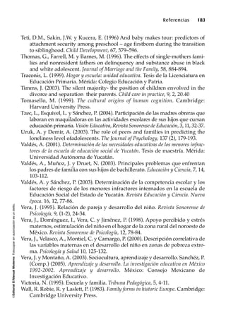 ©EditorialElManualModernoFotocopiarsinautorizaciónesundelito.
Referencias 183
Teti, D.M., Sakin, J.W. y Kucera, E. (1996) And baby makes tour: predictors of
attachment security among preschool – age firstborn during the transition
to siblinghood. Child Development, 67, 579–596.
Thomas, G., Farrell, M. y Barnes, M. (1996). The effects of single-mothers fami-
lies and nonresident fathers on delinquency and substance abuse in black
and white adolescent. Journal of Marriage and the Family, 58, 884-894.
Traconis, L. (1999). Hogar y escuela: unidad educativa. Tesis de la Licenciatura en
Educación Primaria. Mérida: Colegio Educación y Patria.
Timms, J. (2003). The silent majority- the position of children envolved in the
divorce and separation their parents. Child care in practice, 9, 2, 20.40
Tomasello, M. (1999). The cultural origins of human cognition. Cambridge:
Harvard University Press.
Tzec, L., Esquivel, L. y Sánchez, P. (2004). Participación de las madres obreras que
laboran en maquiladoras en las actividades escolares de sus hijos que cursan
educación primaria. Visión Educativa, Revista Sonorense de Educación, 3, 11, 32-37.
Uruk, A. y Demir, A. (2003). The role of peers and families in predicting the
loneliness level ofadolescents. The Journal of Psychology, 137 (2), 179-193.
Valdés, A. (2001). Determinación de las necesidades educativas de los menores infrac-
tores de la escuela de educación social de Yucatán. Tesis de maestría. Mérida:
Universidad Autónoma de Yucatán.
Valdés, A., Muñoz, J. y Druet, N. (2003). Principales problemas que enfrentan
los padres de familia con sus hijos de bachillerato. Educación y Ciencia, 7, 14,
103-112.
Valdés, A. y Sánchez, P. (2003). Determinación de la competencia escolar y los
factores de riesgo de los menores infractores internados en la escuela de
Educación Social del Estado de Yucatán. Revista Educación y Ciencia. Nueva
época. 16, 12, 77-86.
Vera, J. (1995). Relación de pareja y desarrollo del niño. Revista Sonorense de
Psicología, 9, (1-2), 24-34.
Vera, J., Domínguez, I., Vera, C. y Jiménez, P. (1998). Apoyo percibido y estrés
maternos, estimulación del niño en el hogar de la zona rural del noroeste de
México. Revista Sonorense de Psicología, 12, 78-84.
Vera, J., Velasco, A., Montiel, C. y Camargo, P. (2000). Descripción correlativa de
las variables maternas en el desarrollo del niño en zonas de pobreza extre-
ma. Psicología y Salud 10, 125-132.
Vera, J. y Montaño, A. (2003). Sociocultura, aprendizaje y desarrollo. Sanchéz, P.
(Comp.) (2005). Aprendizaje y desarrollo. La investigación educativa en México
1992-2002. Aprendizaje y desarrollo. México: Consejo Mexicano de
Investigación Educativo.
Victoria, N. (1995). Escuela y familia. Tribuna Pedagógica, 5, 4-11.
Wall, R. Robie, R. y Laslett, P. (1983). Family forms in historic Europe. Cambridge:
Cambridge University Press.
 