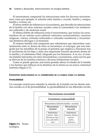 Macrosistema (sociedad)
Exosistema (comunidad)
Mesosistema (relación familia - escuela)
18 Familia y desarrollo. Intervenciones en terapia familiar
El mesosistema comprende las interacciones entre los diversos microsiste-
mas; como por ejemplo, la relación entre familia y escuela, familia y amigos,
familia y vecinos, etc.
El tercer ámbito de influencia es el exosistema, que describe las interacciones
de la familia con otros sistemas sociales como la comunidad o las institucio-
nes culturales y de asistencia social.
El último ámbito de influencia sería el macrosistema, que incluye las carac-
terísticas de un sistema socio-cultural: estructura socioeconómica, creencias
religiosas, valores, actitudes rechazadas o valoradas socialmente y circunstan-
cias históricas del lugar y el momento.
El sistema familiar está compuesto por subsistemas que interactúan cons-
tantemente entre sí, dentro de éstos se encuentran: el conyugal, que esta inte-
grado por los miembros de la pareja; el parental, que empieza a funcionar tras
el nacimiento de los hijos y tiene una importante función ejecutoria dentro de
la familia y el subsistema filial, integrado por los hermanos. A su vez, el siste-
ma familiar interactúa con otros mesosistemas y exosistemas, como son los que
se derivan de las familias extensas y diversas instituciones sociales.
Como se puede apreciar, esta teoría permite ubicar el estudio de la familia
y los factores que influyen en la dinámica de la misma en un marco contextual
sistémico (figura 2-1).
CONCEPTOS INVOLUCRADOS EN LA COMPRENSIÓN DE LA FAMILIA COMO UN SISTEMA
Permeabilidad
Un concepto central para entender la relación de la familia con los demás siste-
mas sociales es el de permeabilidad. La permeabilidad en sus diferentes niveles
Figura 2-1. Teoría
ecológica.
Microsistema
(familia)
Microsistema
(escuela)
Subsistemas
(padres – hijos,
hermanos, espo-
sos, cada indivi-
duo)
Subsistemas
(maestro- alumno,
maestro –
padres,
alumnos)
 