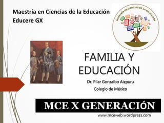 FAMILIA Y
EDUCACIÓN
Dr. Pilar Gonzalbo Aizpuru
Colegio de México
MCE X GENERACIÓN
www.mceweb.wordpress.com
Maestría en Ciencias de la Educación
Educere GX
 