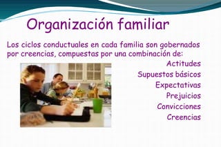 Organización familiar
Los ciclos conductuales en cada familia son gobernados
por creencias, compuestas por una combinación de:
Actitudes
Supuestos básicos
Expectativas
Prejuicios
Convicciones
Creencias
 