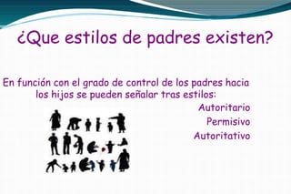 ¿Que estilos de padres existen?
En función con el grado de control de los padres hacia
los hijos se pueden señalar tras estilos:
Autoritario
Permisivo
Autoritativo
 
