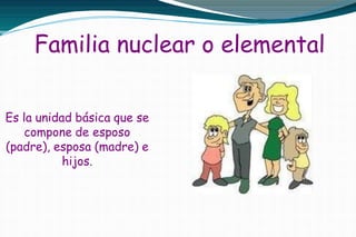 Familia nuclear o elemental
Es la unidad básica que se
compone de esposo
(padre), esposa (madre) e
hijos.
 