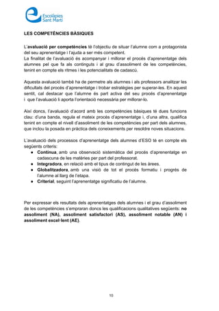 10
LES COMPETÈNCIES BÀSIQUES
L’avaluació per competències té l’objectiu de situar l’alumne com a protagonista
del seu aprenentatge i l’ajuda a ser més competent.
La finalitat de l’avaluació és acompanyar i millorar el procés d’aprenentatge dels
alumnes pel que fa als continguts i al grau d’assoliment de les competències,
tenint en compte els ritmes i les potencialitats de cadascú.
Aquesta avaluació també ha de permetre als alumnes i als professors analitzar les
dificultats del procés d’aprenentatge i trobar estratègies per superar-les. En aquest
sentit, cal destacar que l’alumne és part activa del seu procés d’aprenentatge
i que l’avaluació li aporta l’orientació necessària per millorar-lo.
Així doncs, l’avaluació d’acord amb les competències bàsiques té dues funcions
clau: d’una banda, regula el mateix procés d’aprenentatge i, d’una altra, qualifica
tenint en compte el nivell d’assoliment de les competències per part dels alumnes,
que inclou la posada en pràctica dels coneixements per resoldre noves situacions.
L’avaluació dels processos d’aprenentatge dels alumnes d’ESO té en compte els
següents criteris:
● Contínua, amb una observació sistemàtica del procés d’aprenentatge en
cadascuna de les matèries per part del professorat.
● Integradora, en relació amb el tipus de contingut de les àrees.
● Globalitzadora, amb una visió de tot el procés formatiu i progrés de
l’alumne al llarg de l’etapa.
● Criterial, seguint l’aprenentatge significatiu de l’alumne.
Per expressar els resultats dels aprenentatges dels alumnes i el grau d’assoliment
de les competències s’empraran doncs les qualificacions qualitatives següents: no
assoliment (NA), assoliment satisfactori (AS), assoliment notable (AN) i
assoliment excel·lent (AE).
 