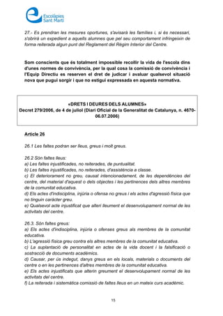 15
27.- Es prendran les mesures oportunes, s'avisarà les famílies i, si és necessari,
s'obrirà un expedient a aquells alumnes que pel seu comportament infringeixin de
forma reiterada algun punt del Reglament del Règim Interior del Centre.
Som conscients que és totalment impossible recollir la vida de l'escola dins
d'unes normes de convivència, per la qual cosa la comissió de convivència i
l'Equip Directiu es reserven el dret de judicar i avaluar qualsevol situació
nova que pugui sorgir i que no estigui expressada en aquesta normativa.
«DRETS I DEURES DELS ALUMNES»
Decret 279/2006, de 4 de juliol (Diari Oficial de la Generalitat de Catalunya, n. 4670-
06.07.2006)
Article 26
26.1 Les faltes podran ser lleus, greus i molt greus.
26.2 Són faltes lleus:
a) Les faltes injustificades, no reiterades, de puntualitat.
b) Les faltes injustificades, no reiterades, d'assistència a classe.
c) El deteriorament no greu, causat intencionadament, de les dependències del
centre, del material d'aquest o dels objectes i les pertinences dels altres membres
de la comunitat educativa.
d) Els actes d'indisciplina, injúria o ofensa no greus i els actes d'agressió física que
no tinguin caràcter greu.
e) Qualsevol acte injustificat que alteri lleument el desenvolupament normal de les
activitats del centre.
26.3. Són faltes greus:
a) Els actes d'indisciplina, injúria o ofenses greus als membres de la comunitat
educativa.
b) L'agressió física greu contra els altres membres de la comunitat educativa.
c) La suplantació de personalitat en actes de la vida docent i la falsificació o
sostracció de documents acadèmics.
d) Causar, per ús indegut, danys greus en els locals, materials o documents del
centre o en les pertinences d'altres membres de la comunitat educativa.
e) Els actes injustificats que alterin greument el desenvolupament normal de les
activitats del centre.
f) La reiterada i sistemàtica comissió de faltes lleus en un mateix curs acadèmic.
 