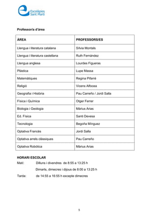 5
Professor/a d’àrea
ÀREA PROFESSORS/ES
Llengua i literatura catalana Sílvia Montals
Llengua i literatura castellana Ruth Fernández
Llengua anglesa Lourdes Figueras
Plàstica Lupe Massa
Matemàtiques Regina Pifarré
Religió Vicens Alfocea
Geografia i Història Pau Carreño / Jordi Salla
Física i Química Otger Ferrer
Biologia i Geologia Màrius Arias
Ed. Física Santi Devesa
Tecnologia Begoña Mínguez
Optativa Francès Jordi Salla
Optativa arrels clàssiques Pau Carreño
Optativa Robòtica Màrius Arias
HORARI ESCOLAR
Matí: Dilluns i divendres de 8:55 a 13:25 h
Dimarts, dimecres i dijous de 8:00 a 13:25 h
Tarda: de 14:55 a 16:55 h excepte dimecres
 