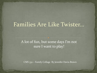 Families Are Like Twister…

  A lot of fun, but some days I’m not
           sure I want to play!



   CMS 332 – Family Collage By Jennifer Davis-Brawn
 