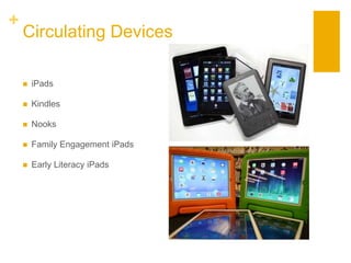 +
Circulating Devices
 iPads
 Kindles
 Nooks
 Family Engagement iPads
 Early Literacy iPads
 