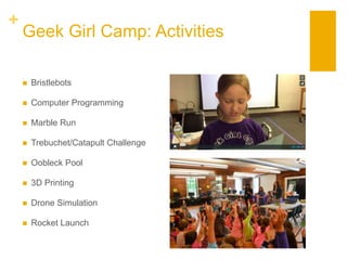 +
Geek Girl Camp: Activities
 Bristlebots
 Computer Programming
 Marble Run
 Trebuchet/Catapult Challenge
 Oobleck Pool
 3D Printing
 Drone Simulation
 Rocket Launch
 