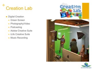 +
Creation Lab
 Digital Creation
 Green Screen
 Photography/Video
 Podcasting
 Adobe Creative Suite
 iLife Creative Suite
 Music Recording
 