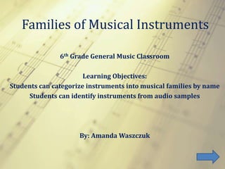 Families of Musical Instruments
6th Grade General Music Classroom
Learning Objectives:
Students can categorize instruments into musical families by name
Students can identify instruments from audio samples
By: Amanda Waszczuk
 