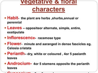 Vegetative & floral
characters
 Habit- the plant are herbs ,shurbs,annual or
perennial
 Leaves – oppositeor alternate, simple, entire,
exstipulate
 Inflorescence- racemose type
 Flower- minute and aaranged in dense fascicles eg.
Celosia cristata
 Perianth– dry, white or coloured , 4or 5 paeianth
leaves
 Androcium- 4or 5 stamens opposite the perianth
leaves
 