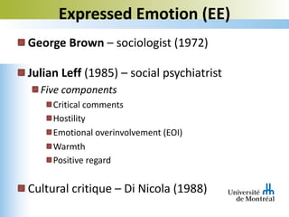George Brown – sociologist (1972)
Julian Leff (1985) – social psychiatrist
Five components
Critical comments
Hostility
Emotional overinvolvement (EOI)
Warmth
Positive regard
Cultural critique – Di Nicola (1988)
Expressed Emotion (EE)
 