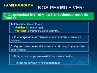 NOS PERMITE VER: 1)- La estructura familiar  y sus  interacciones  a modo de fotografía. A - Interpretación en forma: Horizontal  ( ciclo vital ) Vertical  ( a través de generaciones ). B- Puede ayudar a los miembros de una familia a verse a sí mismos. C- Organización dentro del sistema familiar según generación, edad y sexo. D-  El lugar que ocupa dentro de la estructura familiar E - Pautas de relación  y el tipo de familia 