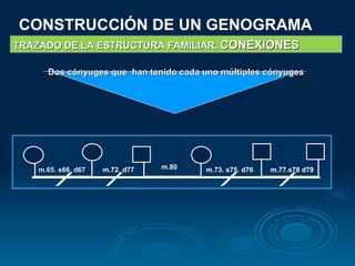 CONSTRUCCIÓN DE UN GENOGRAMA TRAZADO DE LA ESTRUCTURA FAMILIAR.  CONEXIONES Dos cónyuges que  han tenido cada uno múltiples cónyuges m.65. s66. d67 m.72. d77 m.80  m.73. s75. d76 m.77.s78 d79 
