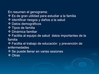 En resumen el genograma: Es de gran utilidad para estudiar a la familia Identificar riesgos y daños a la salud Datos demográficos Tipos de familia Dinámica familiar Facilita al equipo de salud  datos importantes de la familia Facilita el trabajo de educación  y prevención de enfermedades Se puede llenar en varias sesiones Otras 