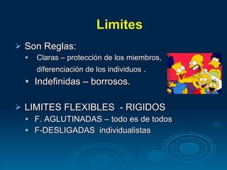 Son Reglas: Claras – protección de los miembros,   diferenciación de los individuos  . Indefinidas – borrosos. LIMITES FLEXIBLES  - RIGIDOS F. AGLUTINADAS – todo es de todos F-DESLIGADAS  individualistas 