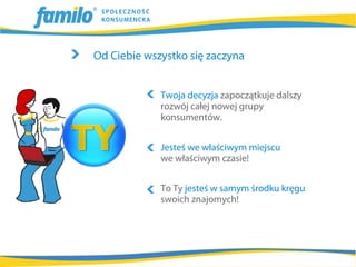 Od Ciebie wszystko się zaczyna


             Twoja decyzja zapoczątkuje dalszy
             rozwój całej nowej grupy
             konsumentów.


             Jesteś we właściwym miejscu
             we właściwym czasie!


             To Ty jesteś w samym środku kręgu
             swoich znajomych!
 