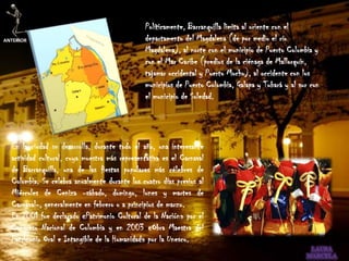 Políticamente, Barranquilla limita al oriente con el
ANTERIOR                                       departamento del Magdalena (de por medio el río
                                               Magdalena), al norte con el municipio de Puerto Colombia y
                                               con el Mar Caribe (predios de la ciénaga de Mallorquín,
                                               tajamar occidental y Puerto Mocho), al occidente con los
                                               municipios de Puerto Colombia, Galapa y Tubará y al sur con
                                               el municipio de Soledad.




  En la ciudad se desarrolla, durante todo el año, una interesante
  actividad cultural, cuya muestra más representativa es el Carnaval
  de Barranquilla, una de las fiestas populares más célebres de
  Colombia. Se celebra anualmente durante los cuatro días previos al
  Miércoles de Ceniza -sábado, domingo, lunes y martes de
  Carnaval-, generalmente en febrero o a principios de marzo.
  En 2001 fue declarado «Patrimonio Cultural de la Nación» por el
  Congreso Nacional de Colombia y en 2003 «Obra Maestra del
  Patrimonio Oral e Intangible de la Humanidad» por la Unesco.
 