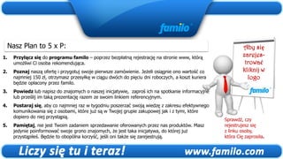 Nasz Plan to 5 x P:                                                                                        Aby się
1.   Przyłącz się do programu familo – poprzez bezpłatną rejestrację na stronie www, którą
                                                                                                            zarejes-
     umożliwi Ci osoba rekomendująca.                                                                        trować
2.   Poznaj naszą ofertę i przygotuj swoje pierwsze zamówienie. Jeżeli osiągnie ono wartość co              kliknij w
     najmniej 150 zł, otrzymasz przesyłkę w ciągu dwóch do pięciu dni roboczych, a koszt kuriera              logo
     będzie opłacony przez familo.
3.   Powiedz lub napisz do znajomych o naszej inicjatywie, zaproś ich na spotkanie informacyjne
     lub prześlij im taką prezentację razem ze swoim linkiem referencyjnym.
4.   Postaraj się, aby co najmniej raz w tygodniu poszerzać swoją wiedzę z zakresu efektywnego
     komunikowania się z osobami, które już są w Twojej grupie zakupowej jak i z tymi, które
     dopiero do niej przystąpią.
                                                                                                   Sprawdź, czy
5.   Pamiętaj, nie jest Twoim zadaniem sprzedawanie oferowanych przez nas produktów. Masz          rejestrujesz się
     jedynie poinformować swoje grono znajomych, że jest taka inicjatywa, do której już            z linku osoby,
     przystąpiłeś. Będzie to obopólna korzyść, jeśli oni także się zarejestrują.                   która Cię zaprosiła.
 