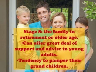 An opportunity to travel, time to spend on hobbiesStage 8: the family in retirement or older age.Can offer great deal of support and advise to young adults.
