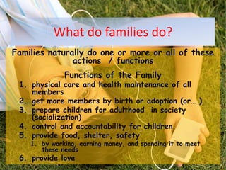 What do families do?Families naturally do one or more or all of these actions  / functionsFunctions of the Familyphysical care and health maintenance of all membersget more members by birth or adoption (or… )prepare children for adulthood  in society (socialization)control and accountability for childrenprovide food, shelter, safetyby working, earning money, and spending it to meet these needsprovide love