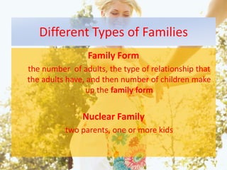 Different Types of FamiliesFamily Formthe number  of adults, the type of relationship that the adults have, and then number of children make up the family formNuclear Familytwo parents, one or more kids