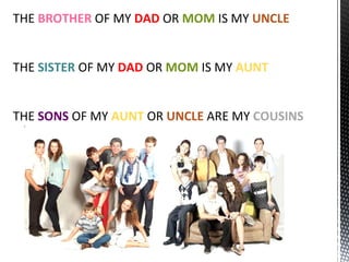 THE  BROTHER  OF MY  DAD   OR  MOM  IS MY  UNCLE THE  SISTER  OF MY  DAD  OR  MOM  IS MY  AUNT THE  SONS  OF MY  AUNT  OR  UNCLE   ARE MY  COUSINS 