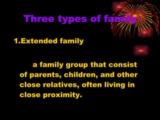 Three types of family 1.Extended family a family group that consist of parents, children, and other close relatives, often living in close proximity. 