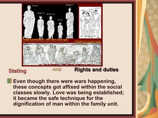 Even though there were wars happening,
these concepts got affixed within the social
classes slowly. Love was being established;
it became the safe technique for the
dignification of man within the family unit.
StatingStating Rights and dutiesRights and duties
 