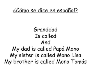 ¿Cómo se dice en español?
Granddad
Is called
And
My dad is called Papá Mono
My sister is called Mono Lisa
My brother is called Mono Tomás
 