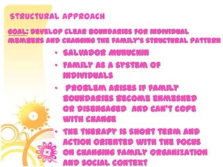 Structural Approach
• Salvador Munuchin
• Family as a system of
individuals
• problem arises if family
boundaries become enmeshed
or disengaged and can’t cope
with change
• The therapy is short term and
action oriented with the focus
on changing family organization
and social context
Goal: Develop clear boundaries for individual
members and changing the family’s structural pattern
 