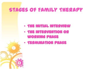 Stages of Family Therapy
• The Initial Interview
• The intervention or
working phase
• Termination phase
 