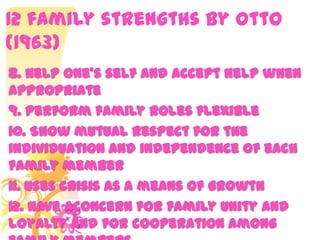 12 family strengths by Otto
(1963)
8. Help one’s self and accept help when
appropriate
9. Perform family roles flexible
10. Show mutual respect for the
individuation and independence of each
family member
11. Uses crisis as a means of growth
12. Have aconcern for family unity and
loyalty and for cooperation among
 