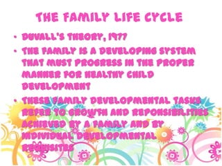The Family Life Cycle
• Duvall’s theory, 1977
• The family is a developing system
that must progress in the proper
manner for healthy child
development
• These family developmental tasks
refer to growth and reponsibilities
achieved by a family and by
individual developmental
requisites
 