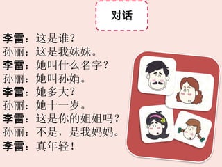 对话
李雷：这是谁？
孙丽：这是我妹妹。
李雷：她叫什么名字？
孙丽：她叫孙娟。
李雷：她多大？
孙丽：她十一岁。
李雷：这是你的姐姐吗？
孙丽：不是，是我妈妈。
李雷：真年轻！
 