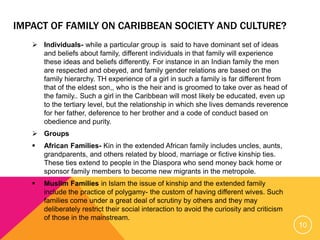 IMPACT OF FAMILY ON CARIBBEAN SOCIETY AND CULTURE?
 Individuals- while a particular group is said to have dominant set of ideas
and beliefs about family, different individuals in that family will experience
these ideas and beliefs differently. For instance in an Indian family the men
are respected and obeyed, and family gender relations are based on the
family hierarchy. TH experience of a girl in such a family is far different from
that of the eldest son,, who is the heir and is groomed to take over as head of
the family.. Such a girl in the Caribbean will most likely be educated, even up
to the tertiary level, but the relationship in which she lives demands reverence
for her father, deference to her brother and a code of conduct based on
obedience and purity.
 Groups
 African Families- Kin in the extended African family includes uncles, aunts,
grandparents, and others related by blood, marriage or fictive kinship ties.
These ties extend to people in the Diaspora who send money back home or
sponsor family members to become new migrants in the metropole.
 Muslim Families in Islam the issue of kinship and the extended family
include the practice of polygamy- the custom of having different wives. Such
families come under a great deal of scrutiny by others and they may
deliberately restrict their social interaction to avoid the curiosity and criticism
of those in the mainstream.
10
 