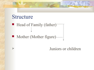 Structure
 Head of Family (father)
 Mother (Mother figure)
 Juniors or children
 