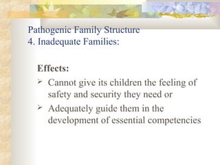 Pathogenic Family Structure
4. Inadequate Families:
Effects:
 Cannot give its children the feeling of
safety and security they need or
 Adequately guide them in the
development of essential competencies
 