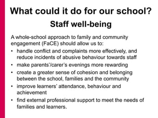 A whole-school approach to family and community
engagement (FaCE) should allow us to:
• handle conflict and complaints more effectively, and
reduce incidents of abusive behaviour towards staff
• make parents’/carer’s evenings more rewarding
• create a greater sense of cohesion and belonging
between the school, families and the community
• improve learners’ attendance, behaviour and
achievement
• find external professional support to meet the needs of
families and learners.
What could it do for our school?
Staff well-being
 