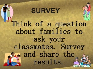 SURVEY Think of a question about families to ask your classmates. Survey and share the results.