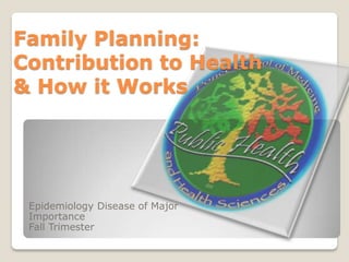 Family Planning:
Contribution to Health
& How it Works

Epidemiology Disease of Major
Importance
Fall Trimester

 