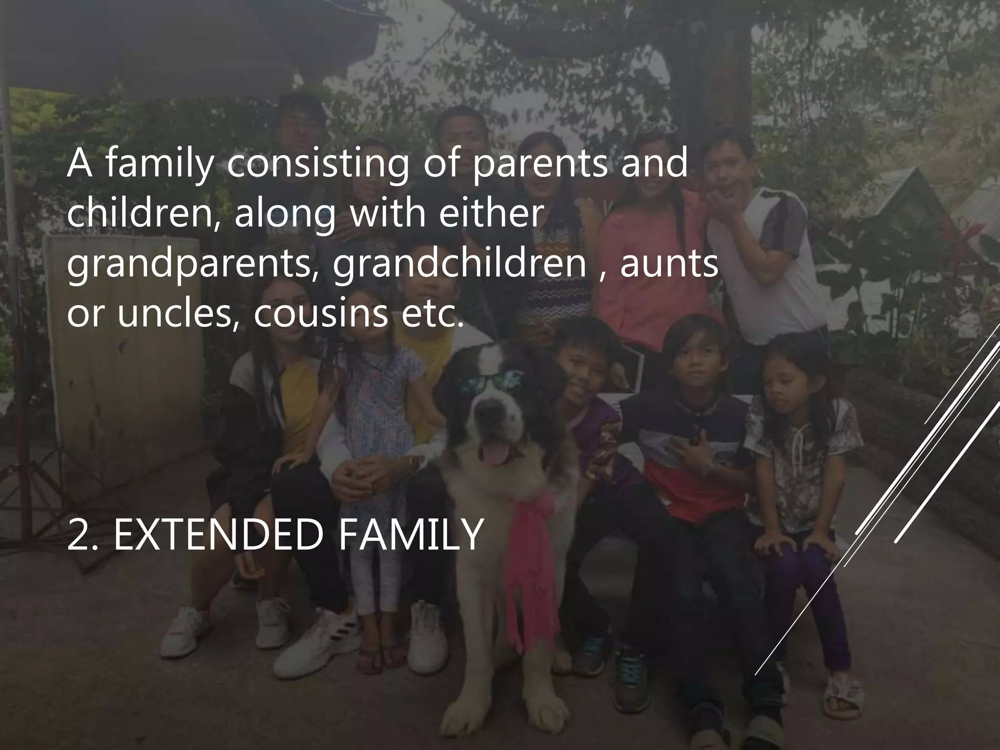 2. EXTENDED FAMILY
A family consisting of parents and
children, along with either
grandparents, grandchildren , aunts
or uncles, cousins etc.
 