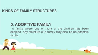 KINDS OF FAMILY STRUCTURES
5. ADOPTIVE FAMILY
A family where one or more of the children has been
adopted. Any structure of a family may also be an adoptive
family.
 